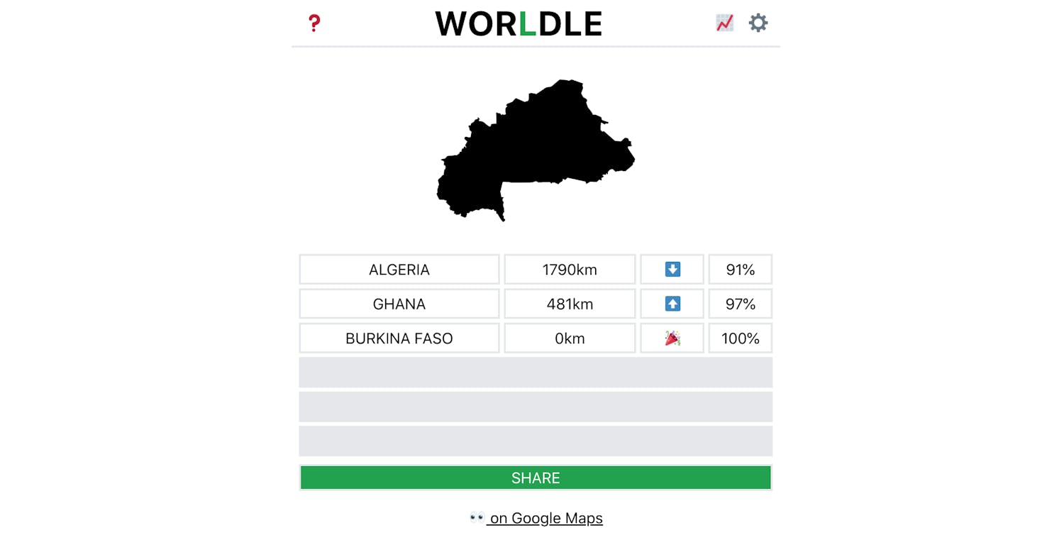 Worldle: Worldlessa arvataan maita maan muodon mukaan.